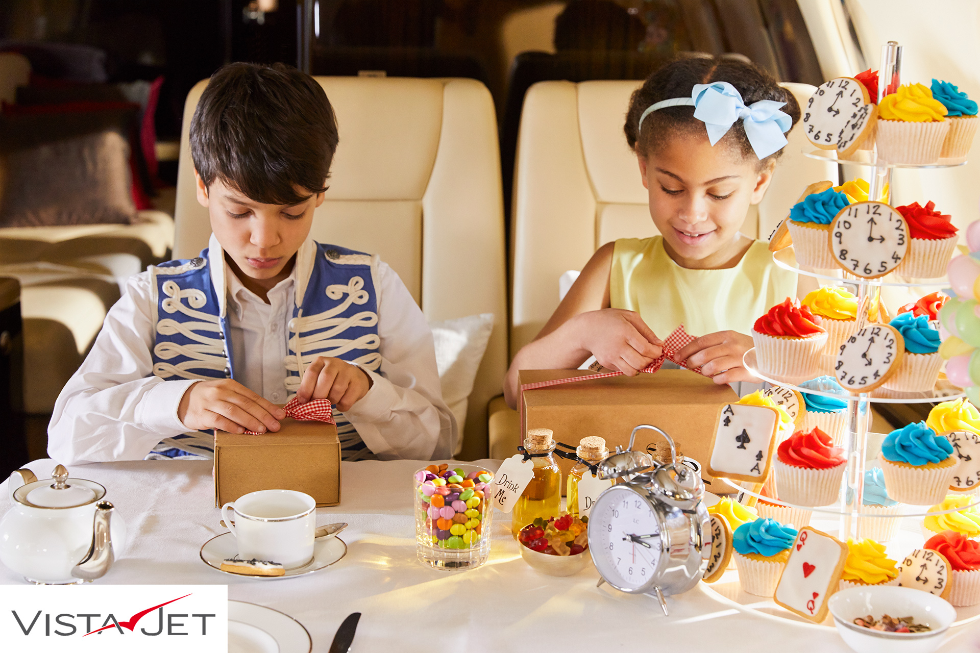 Children doing craft on plane
